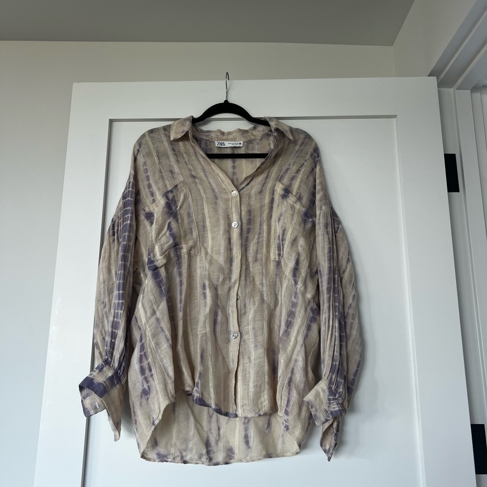 Zara Cream and Purple Button-Down Shirt